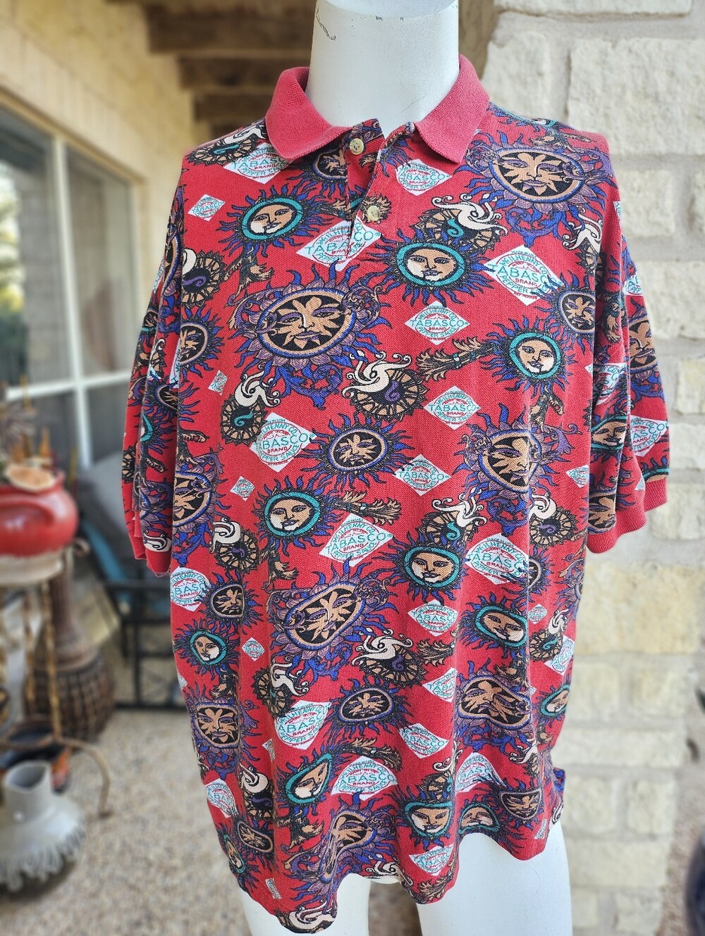 Men's 100% Cotton Red Polo Shirt Tabasco Sauce Sun Face McIlhenny Sportswear XL